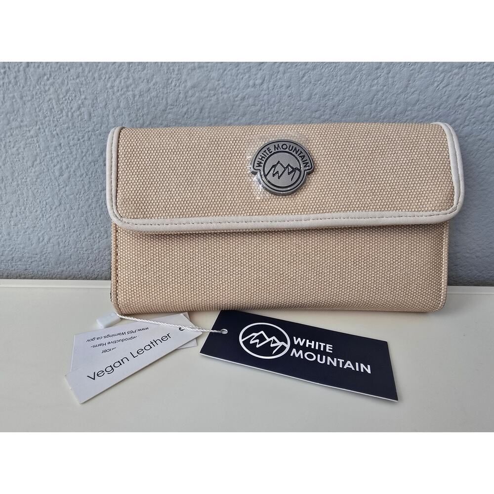 White Mountain Vegan Leather Wallet Beige Canvas Snap NWT Minimalist Neutral